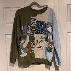 Y2K Tom and Jerry Sweatshirt Large Colorblock Green & Blue